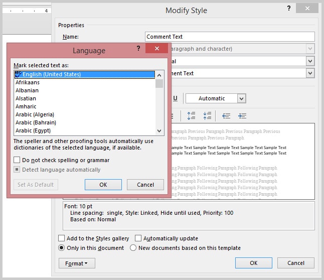 change spelling dictionary in word 2013